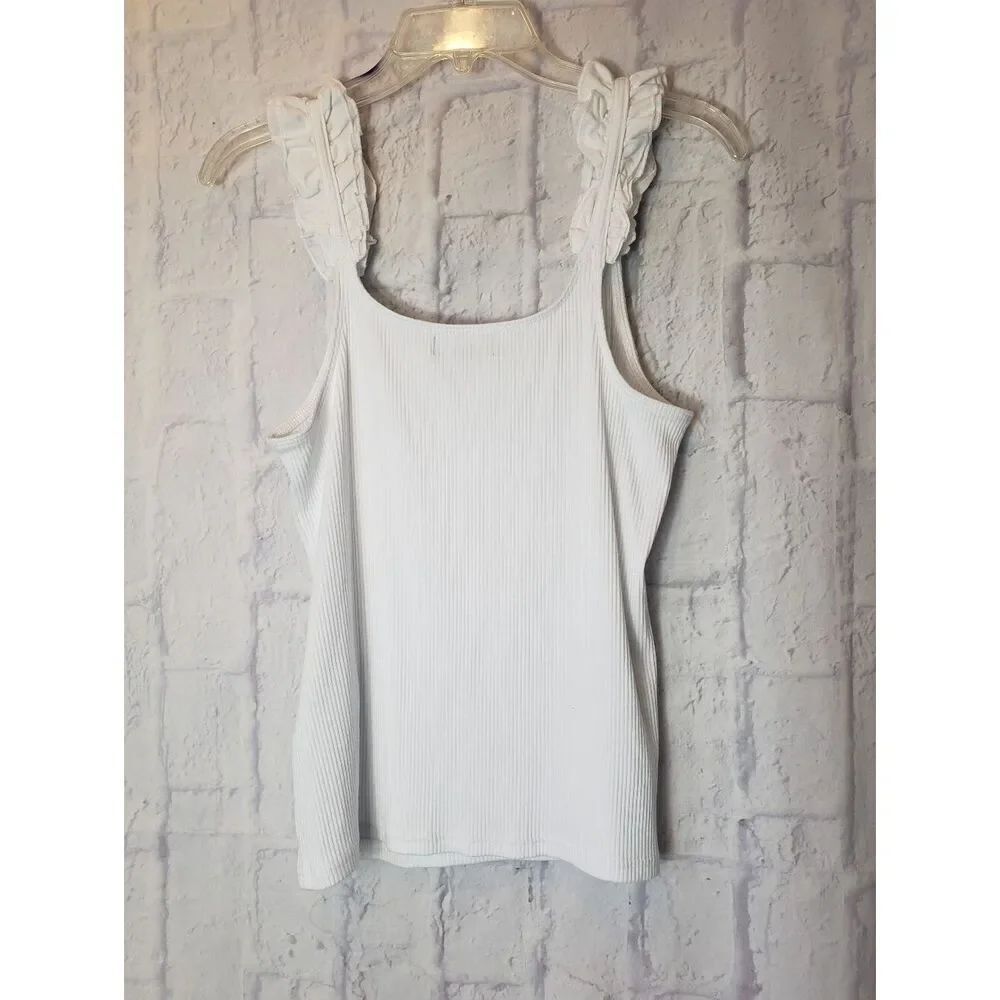 J. CREW White Ribbed Ruffle Tank Top Medium - Picture 7 of 7